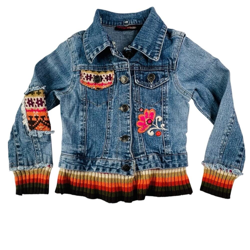 Mary Kate Ashley Girls 5 Denim Jean Jacket Y2K Boho Embroidered Flower Knit Trim - Picture 3 of 11